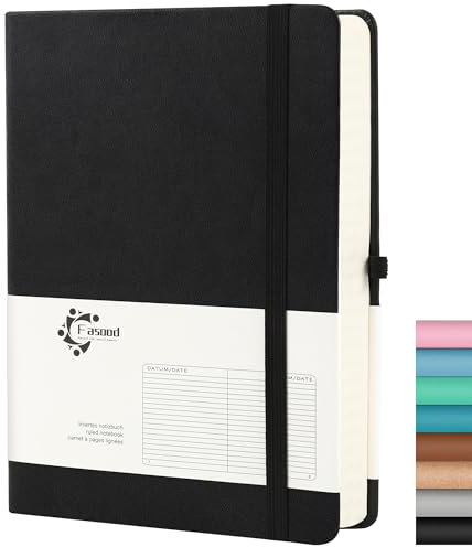 Notizbuch A5 Liniert, Hardcover Journal Notizbücher, mit 320 Seiten, 100g/m² Dickes Papier, Mehrfarbige Registerkarten, Stiftlasche und Dokumententasche, Geeignet für Schulen und Büros (Schwarz)