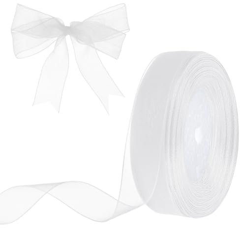 Sibba Schleifenband 45M Weiß Geschenkband Satinband 21 mm Breit Dekoband Tüllband Stoffband für Geschenk Bänder zum Basteln Seidenband Hochzeit Brautstrauß Kuchen(Weiß,45M, 2.1cm Breit)