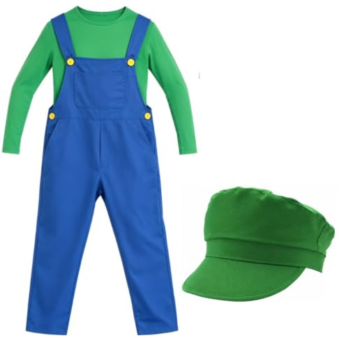Carnavalife Mario und Luigi-Kostüm, Super Brothers Kostüm für Erwachsene, Overall und Mütze für Erwachsene, Ideal für Cosplay Party Halloween Karneval (Grün, M)
