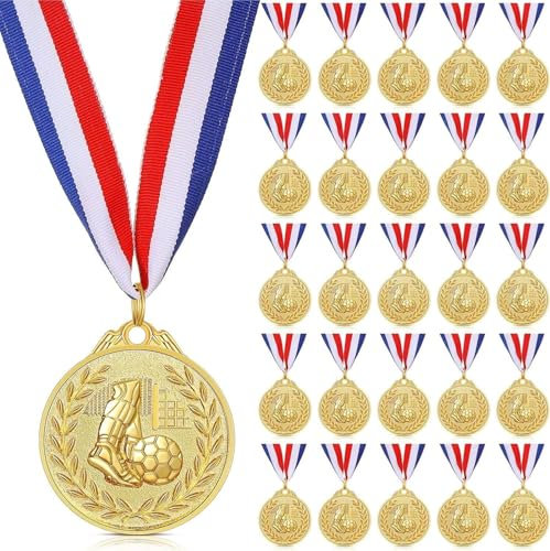 24 Stück Fußball Metall Medaillen für Kinder. Medaillen Sport. Goldene Auszeichnungsmedaillen-Set. Olympia-Stil goldene Metallmedaillen mit Bändern für Jungen Mädchen Kinder Erwachsene als Mitgebsel