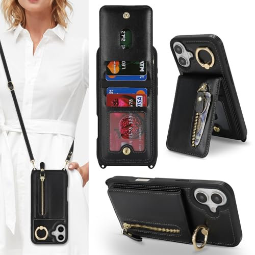 Zouzt for iPhone 16 Plus Case with Cord and Card Holde, Zipper Wallet Case with Crossbody Lanyard Ring Adjustable Necklace Protective Cover Women for iPhone 16 Plus 6.7 Inch - Black