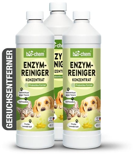 bio-chem Enzymreiniger Konzentrat 3x 1000 ml - Tiefenwirksamer Geruchsentferner gegen Urin, Katzenurin & Hundeurin - Mikrobiologischer Geruchsneutralisierer für Hunde & Katzen Geruch