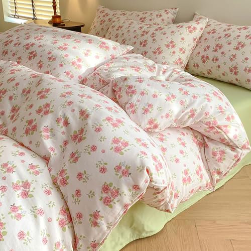 Nyescasa Housse de Couette 140x200 Fleurie Rose Parure de lit Adulte 1 Personne Fleurs Feuilles Rose et Blanc Parure Housse Couette en Microfibre avec Fermeture Éclair et 1 Taie d'oreiller 65x65 cm