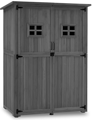 M MCombo Gartenschrank Holz, Gartenhaus Klein Wetterfest, Outdoor Gerätehaus Geräteschuppen, für Außenbereich Balkon Terrasse, 59×127×168 cm, 0912EY-F (Grau)
