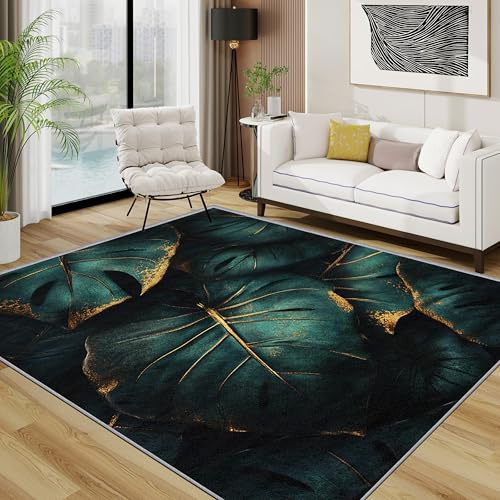 TerroVee Blätter Waschbarer Teppich, Luxuriöse Grüne Blatt Teppich 100x200 cm, Modern botanisch Pflanzen Kurzflor rutschfest Teppiche Für Schlafzimmer Wohnzimmer, Dunkel Grün Gold