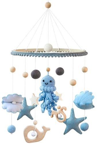 Meer Welt Mobile Baby Windspiele – Baby Mobile für Bett, 3D Häkeln Oktopus Babybett Mobile Wickeltisch Hängende Bettglocke, Deko Kinderzimmer Babyzimmer, Geschenk für Baby Mädchen Junge
