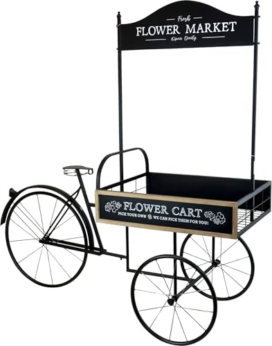 FURNARO Blumenfahrrad Amsterdam – Dekoratives Pflanzenfahrrad aus schwarzem Eisen & Holz – Vintage Blumenwagen für Garten, Terrasse oder Innenbereich – ca. 168 cm hoch
