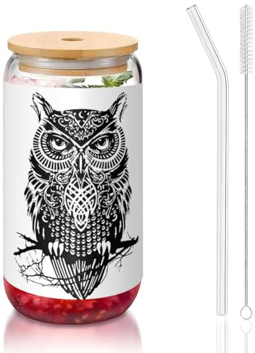 MDATT Trinkgläser mit Eulen-Motiv, 473 ml, mit Deckel und Strohhalmen, niedliche Wassergläser für Saft, Bier, Kaffee, Tee