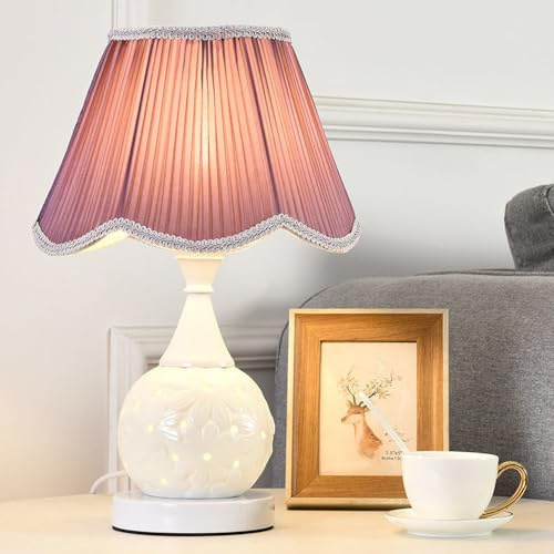 Mengjay Tischlampe Retro Keramik,E27 Tischleuchte Deko Wohnzimmer,Vintage Nachttischlampe mit Stoff Lampenschirm,Schreibtischlampe Schlafzimmer Kinderzimmer Büro Deko (Lila)