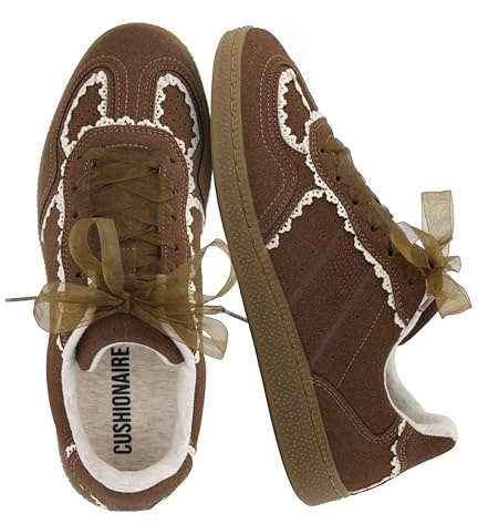 CUSHIONAIRE Belinda Women’s Lace Detail Casual Sneakers – Elegant Ribbon Lace-Up Shoes with Memory Foam, Brown, 8 UK Wide
