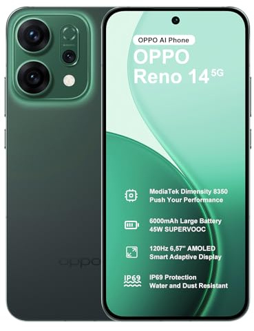 OPPO Reno14 5G 12+256GB, Smartphone ohne Vertrag, Dimensity 8350 Simlockfreies AI Handy Android, 50+8+50MP AI Kamera, SUPERVOOC 80W, 6000mAh Akku, 120Hz 6,59 AMOLED Schirm, IP69, 4K-Video, NFC, Grün