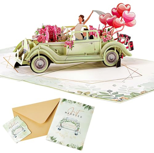 ‌Hochzeitskarte Pop-Up Just Married mit Oldtimer & Blumenmotiv – Romantische Glückwunschkarte für Braut & Bräutigam, Brautparty, Verlobung, frisch Vermählte