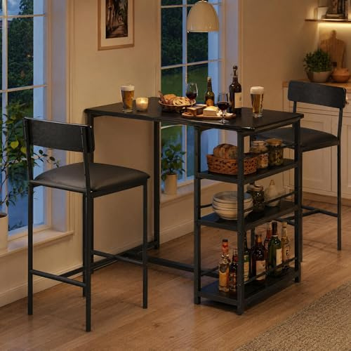 GarveeMore Bartisch mit Stühlen 2 Personen, Platzsparende Küchentheke Tresentisch mit Stauraum & Gepolsterten Barhockern, Bistrotisch Heimbar Möbel Set, Stehtisch mit Hocker, Schwarz