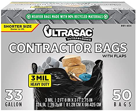 UltraSac Müllbeutel für Bauunternehmer – (50 Stück/mit Bändern) – strapazierfähig, 0,9 mm dick, 100 x 91 cm, kürzere schwarze Version – für Industrie, Gewerbe, Profi, Bau, Rasen, Blatt und mehr