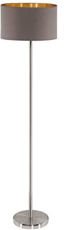 EGLO Stehlampe Maserlo, Textil Stehleuchte, Standleuchte aus Metall in Silber mit Lampenschirm in Cappuccino und Gold, E27 Fassung, inkl. Trittschalter
