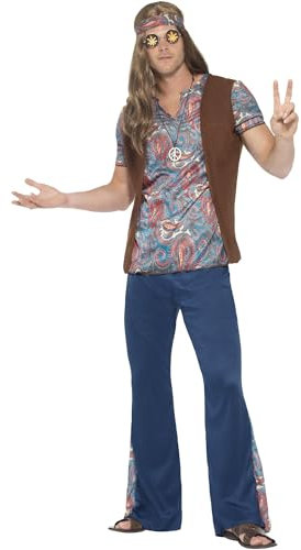 Smiffys Orion Hippie Kostüm, Mehrfarbig, mit Oberteil, Hose, Kopftuch & Anhänger