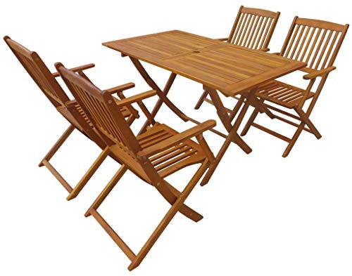Tidyard Conjunto de Mesa y 4 Sillas Plegables Juego de Jardín con Sillas Conjunto de Comedor de Jardín 5 Piezas para Jardín Terraza Patio,Agujero de Sombrilla,Madera Maciza de Acacia(Mesa Rectangular)