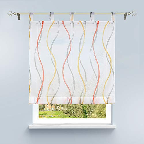 HongYa Raffrollo mit Schlaufen Transparentes Bändchenrollo Voile Gardine Küche Kleinfenster Vorhang mit Wellen Druck H/B 150/80 cm Bunt Orange