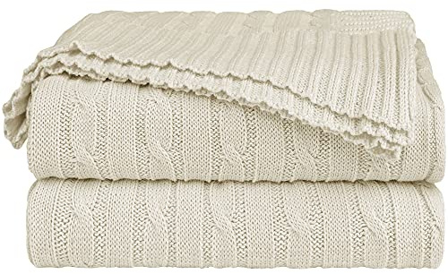 sourcing map Soft 100% Cotton Cable Knit Blanket for Sofa and Couch,Lightweight Knitted Throw Blanket,Home Decorative Blanket, 60x 78 Beige