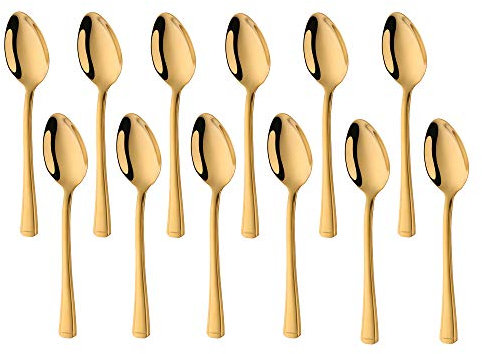 Buyer Star Kaffeelöffel, 12-teiligem Gold Teelöffel Besteckset aus Edelstahl für Zucker Eis Espresso und Demitasse, spiegelpoliert