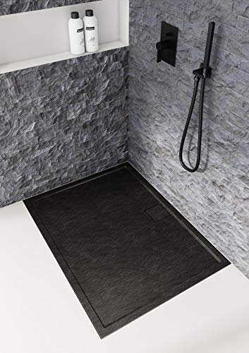 ECOLAM® Duschwanne Duschtasse flach Omega Black Rechteck 90x120 x 5 cm / 1,8 cm Tiefe flach Stein Effekt schwarz + Siphon