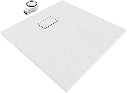 SMC BOREAL Duschwanne 90x90 cm, extra flache und robuste Duschtasse 26MM aus langlebigem SMC mit ANTI-Rutsch-Oberfläche In Schieferoptik/Steinoptik inkl. Ablaufgarnitur mit SMC Deckel - Weiß