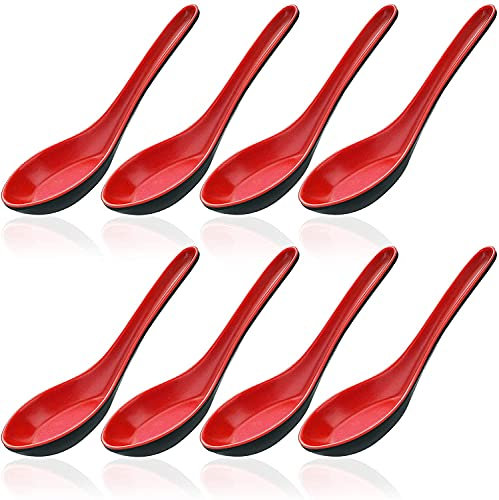LATRAT Juego de 8 cucharas de sopa de plástico chino Won Ton estilo asiático, color rojo y negro