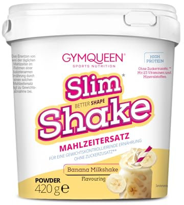 GymQueen Slim Shake, Abnehm Shake 420g, Banana Milkshake, Leckerer Diät-Shake, Mahlzeitersatz mit wichtigen Vitaminen & Nährstoffen, nur 250 kcal pro Portion & ohne Zucker-Zusatz