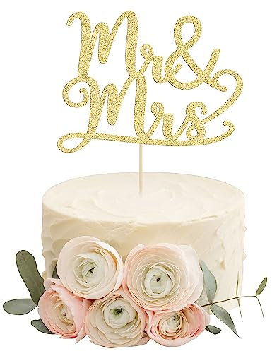 Gyufise 1 Pack Gold Glitter Mr and Mrs Cake Topper Mr Mrs Cake Decoration Mr & Mrs Cupcake Topper for Wedding Engagement Bridal Shower Anniversary Party Cake Decoration Supplies