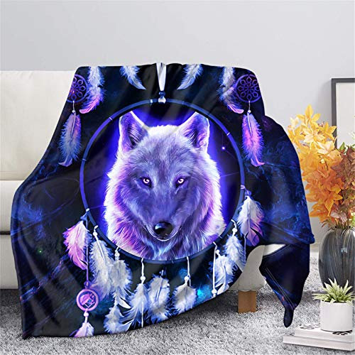 HUGS IDEA Violette Decken mit Tribal Wolf Traumfänger Feder flauschige Sherpa Kunstfelldecke mysteriöser ethnischer Wolf Überwurf Betttuch Druckentlastung - L