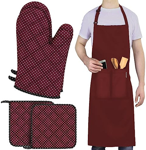 LEFUNDA® Ofenhandschuhe Topflappen 4er Set, Hitzebeständige Topfhandschuhe Baumwolle, Grillhandschuhe, Ofen Handschuhe (Rot (2 Ofenhandschuhe + 2 Topflappen + 1 Schürze), 5er Set - Große)
