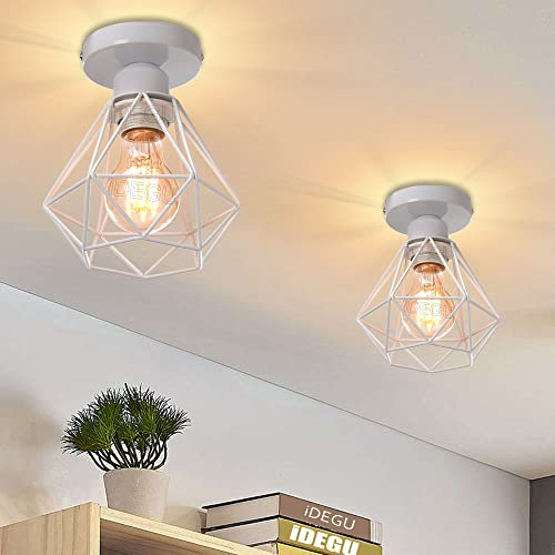 iDEGU 2 Stück Deckenleuchten Industrielle 16cm Retro Deckenlampe aus Eisen Lampenschirm in Käfig Design Vintage Pendelleuchte E27 Lampe für Flur Küche Wohnzimmer Schlafzimmer Dekoration (Weiß)