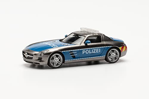Herpa Modellauto Mercedes-Benz SLS AMG „Polizei Showcar“, originalgetreu im Maßstab 1:87, Auto Modell für Diorama, Modellbau Sammlerstück, Deko Automodelle aus Kunststoff, Farbe: graumetallic