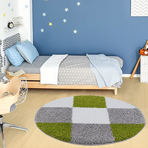 THE RUGS Area Rug – Modern Luxury Shaggy Rug, Multicolour Pattern Carpet, Ultra Soft for Bedroom, Living Room, Kids Room, (120 cm Round, Green)