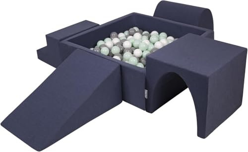 KiddyMoon Spielplatz Aus Schaumstoff Mit Quadrat Bällebad (200 Bälle) Ballgruben Für Babys Spielbad Hindernisläufen, Hergestellt In Der EU, Dunkelblau:Weiß/Grau/Minze