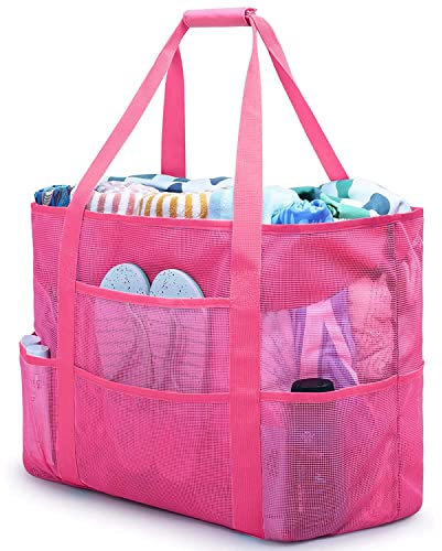 Czemo Große Netz Strandtasche,Mesh Strandtasche Netztasche für Sandspielzeug Faltbare Handtaschen Aufbewahrungstasche mit Taschen und Reißverschluss,für Strand Urlaub Reise Das Einkaufen (Rosa)