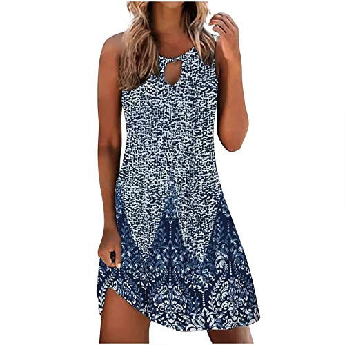 AMhomely Summer Dresses for Women UK Clearance Party Elegant Casual Loose Sleeveless Tank Mini Dress Beach Dresses for Women Sexy Cold Shoulder Boho Tshirt Dresses A Line Shift Floral Tunic Dress