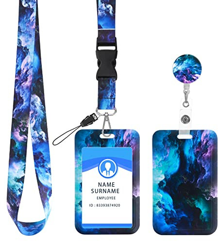 Molain Ensemble porte-badge avec lanière et porte-badge rétractable – Ensemble porte-badge – Porte-badge rétractable autour du cou – Ciel étoilé – Pour femme (bleu étoilé)