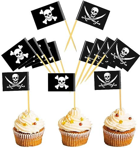 Pirate Food Flags Cocktail Sticks 100Pcs, Pirate Cupcake Topper for Pirate Party Decorations Kids Birthday Halloween,Black Toothpicks Wooden for Food Appetizer Cupcake Fruits Buffets