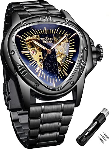 Winner Fashion Mechanische Armbanduhr für Herren, dreieckiges Rennsportzifferblatt, wasserdicht, goldenes Skelettzifferblatt, automatisches Uhrwerk, Lederdesign
