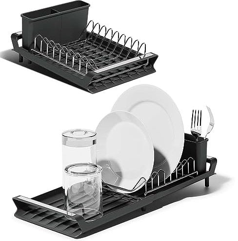 Stainless Steel Expandable Dish Rack, Small Dish Drying Rack With Removable Cutlery Holder, Non-Slip Feet, Anti Rust Plate Rack, Sink Drainer For Kitchen Countertop, Black, Pack of 1, 27.9*20*11.6