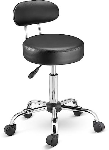 BAKAJI Sgabello con ruote e schienale, Sedia da lavoro girevole con supporto schiena, Seduta Imbottitura 10 cm Ecopelle e Base Acciaio, Altezza Regolabile, per estetista, ufficio, lavoro (Nero)