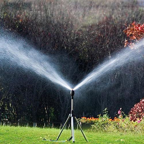 Aspersor de jardín 360 ° acero inoxidable impacto aspersor giratorio césped agua aspersor en trípode base riego rociador para sistemas de riego, patas ajustables 64-94 cm