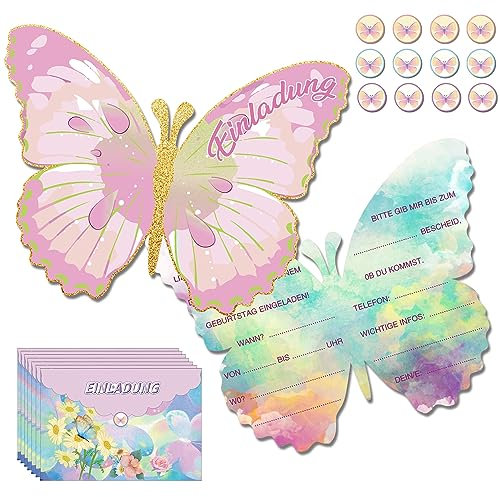 mellystore Einladungskarten Schmetterling 12 Stück Einladungskarten Kindergeburtstag Mädchen mit Umschlägen und Aufkleber Geburtstagseinladungen Mädchen Schmetterling Partyeinladungen (13 x 10cm)