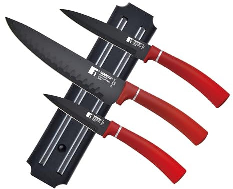BERGNER Classique - Set 4 Cuchillos de Chef - Carne, Sierra para Pan, Trinchador y Multiusos - Colección de Acero Inoxidable Antiadherente - Asas Suaves al Tacto - Color Rojo