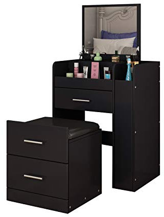 Schminktisch mit Hocker und Klappbar Spiegel, 2 in 1 Kosmetiktisch mit LED Beleuchtung, 2 Schubladen und Fächern für Schlafzimmer Schwarz