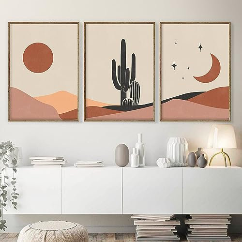 Sonne und Mond Landschaft Wand Bilder Bilder abstrakte Boho Kaktus Poster Kunstdrucke nordische Wüste Leinwand Bild Wohnzimmer Home Deko 50 x 70 cm x 3 ungerahmt