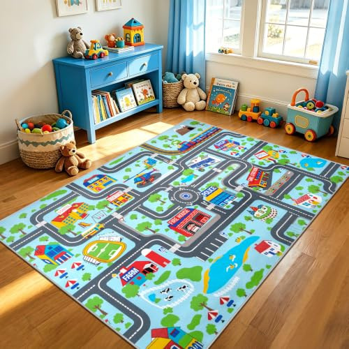 Capslpad Kinder-Spielteppich, Stadt, Straße, 150 x 200 cm, rutschfest, Kinderteppich, Spielmatte, maschinenwaschbar, Trainingsmatte, Kurzflor-Teppich, Lernbereich, Teppich für Kinderzimmer