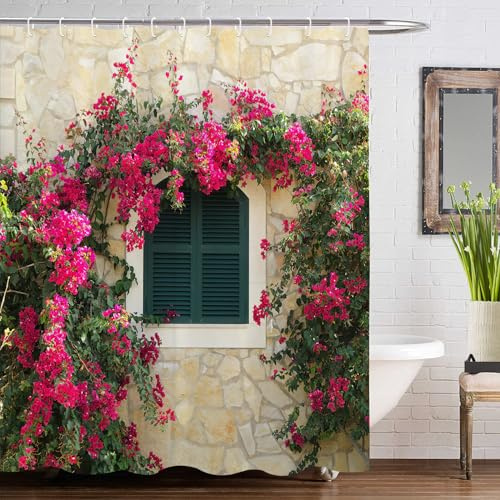 GOOESING Garten-Duschvorhang, rosa / violett, Blumenranken, Duschvorhang, Landschaft, Badvorhang mit Haken, Badezimmer-Dekor, waschbar, wasserdichter Stoff, 180 x 180 cm