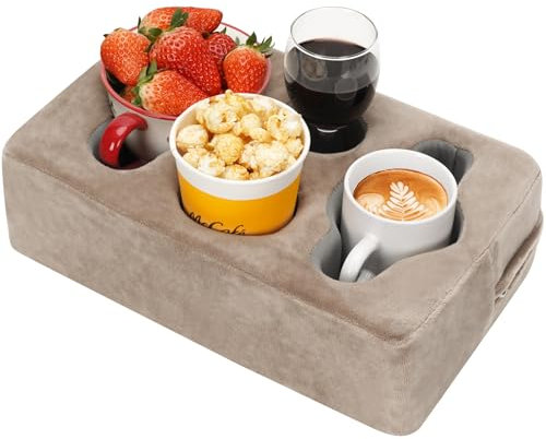 Couch Cup Holder Pillow,Sofa Cup Holder,Couch Drink Holder,Octagon Couch Caddy with Cup Holder for Coffee Cup,Phone,Remote,Couch Cup Holder Tray for Bed,Car,Sofa,Table,Couch Accessories (LightBrown)